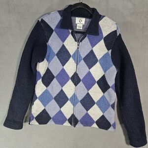 Vintage Ice 100% Wool Cardigan Women's Argyle Sweater Blue Grey Full Zip Large